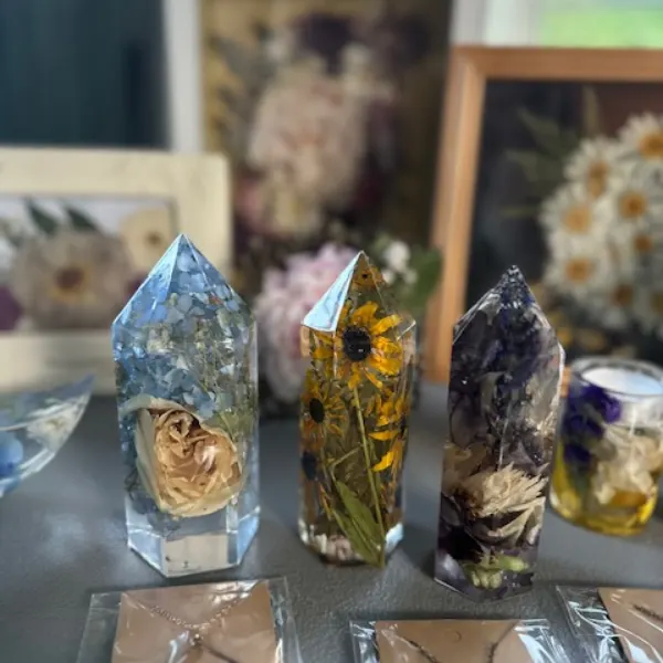 Three-piece resin crystal set with suspended wedding blooms